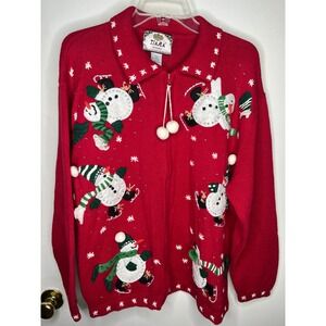Tiara Women Red Snowman‎ Zip Up Ugly Christmas Sweater 3X vintage